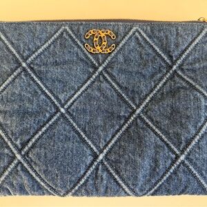 CHANEL 19 Denim Quilted Large Pouch RARE